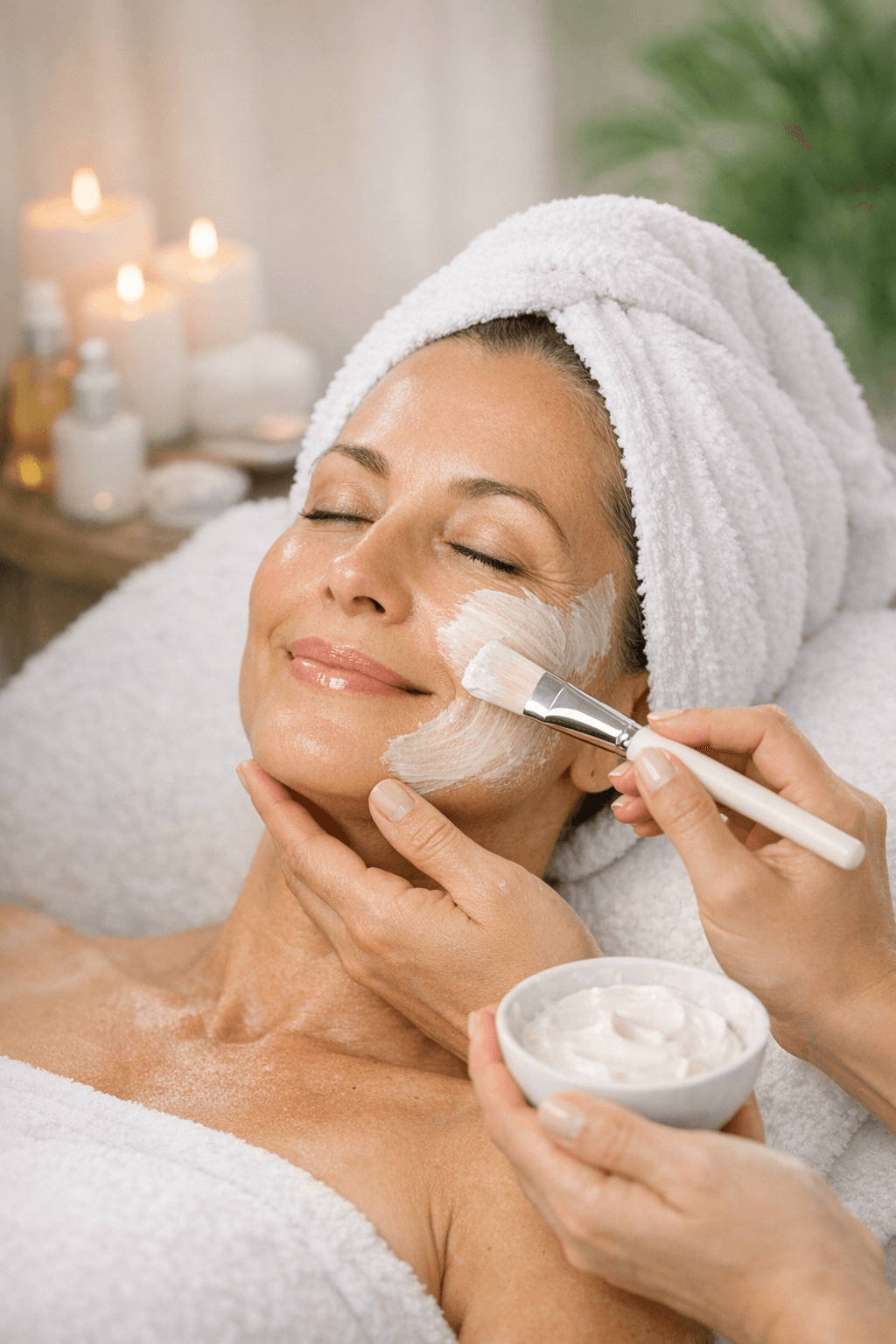 Medium-aged model enjoying a facial treatment in a spa setting, representing relaxation and skincare services.